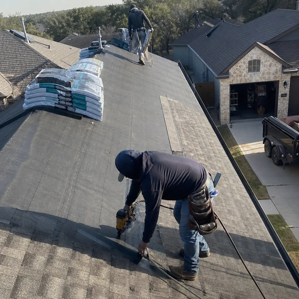 Roofers installing shingles during a professional roof replacement project