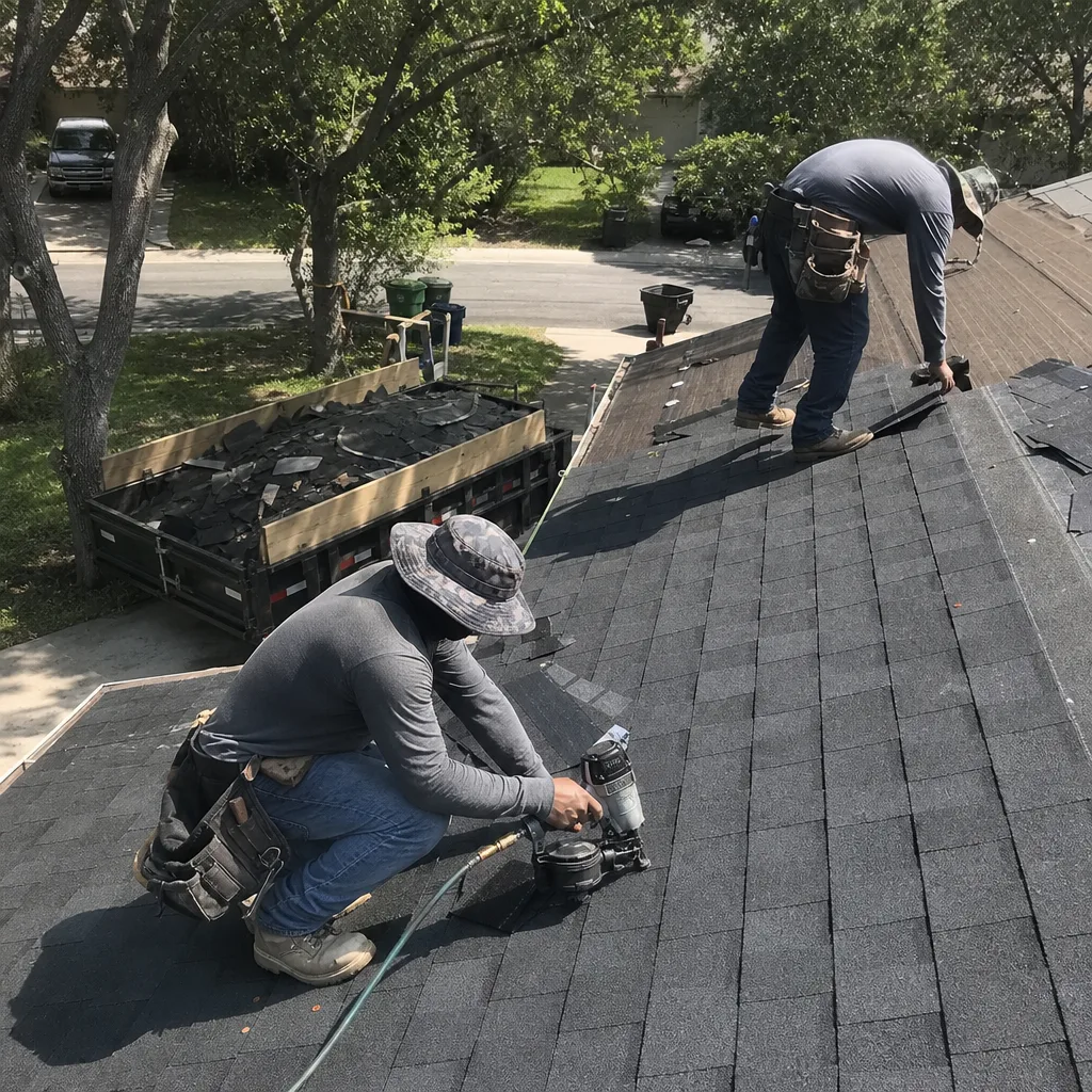 Two professional roofers performing a residential asphalt shingle roof replacement.
