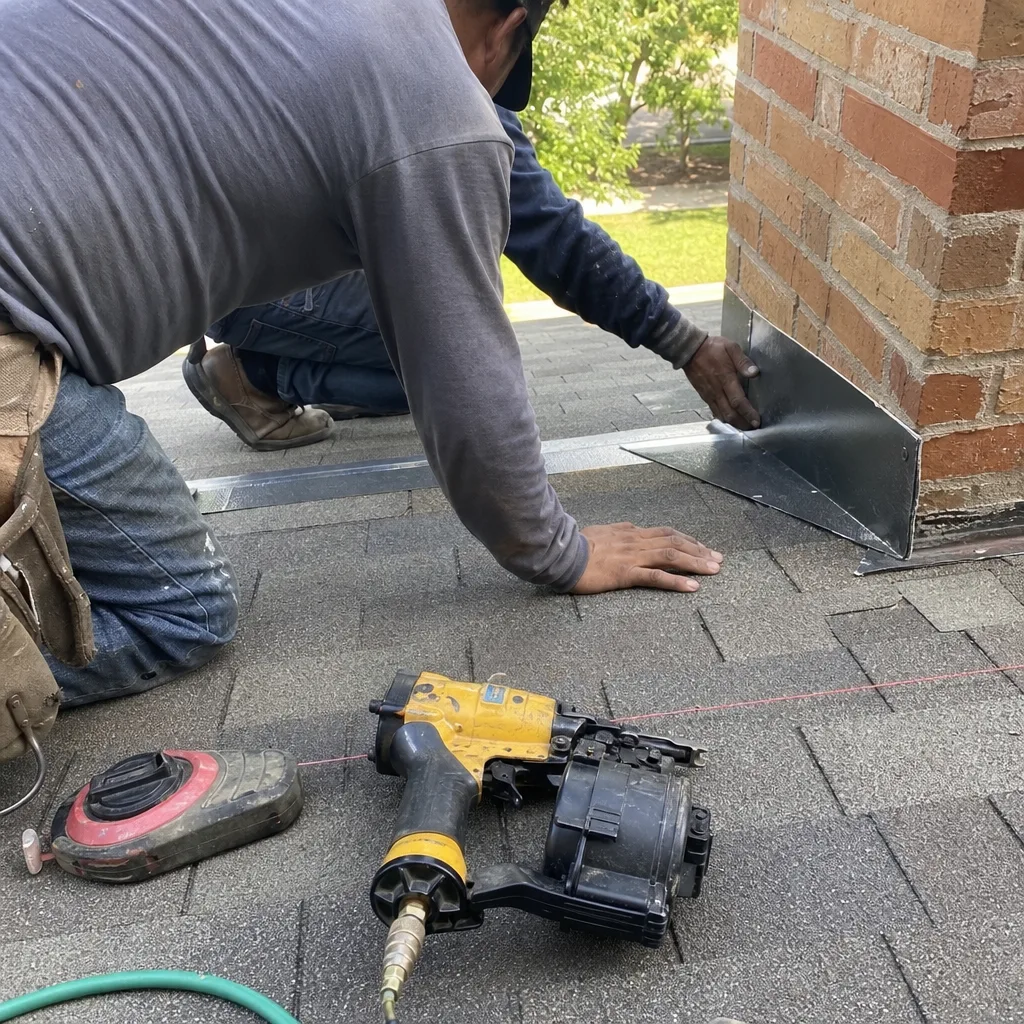 Professional roofer installing metal chimney flashing on a residential roof