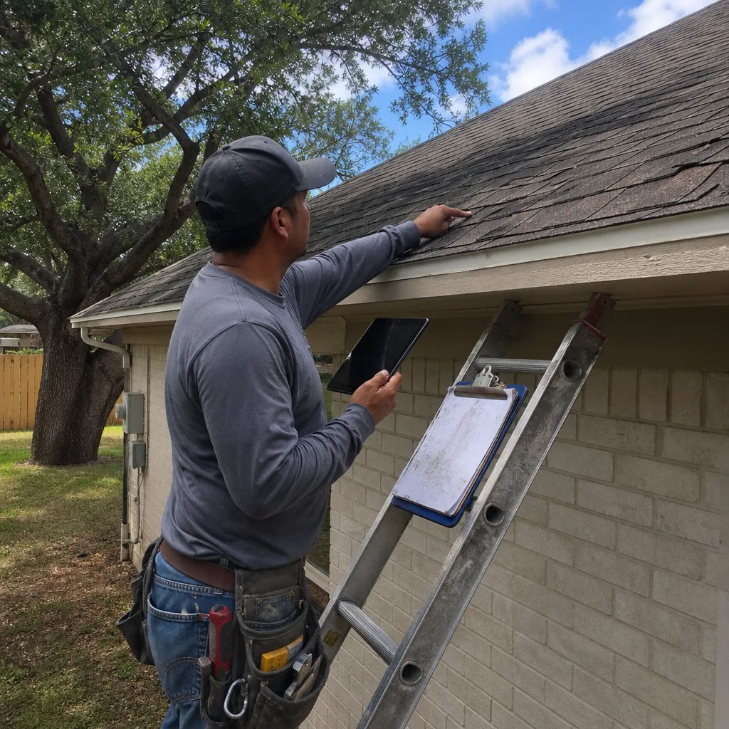 Roofing professional using a tablet to inspect residential shingles on a ladder